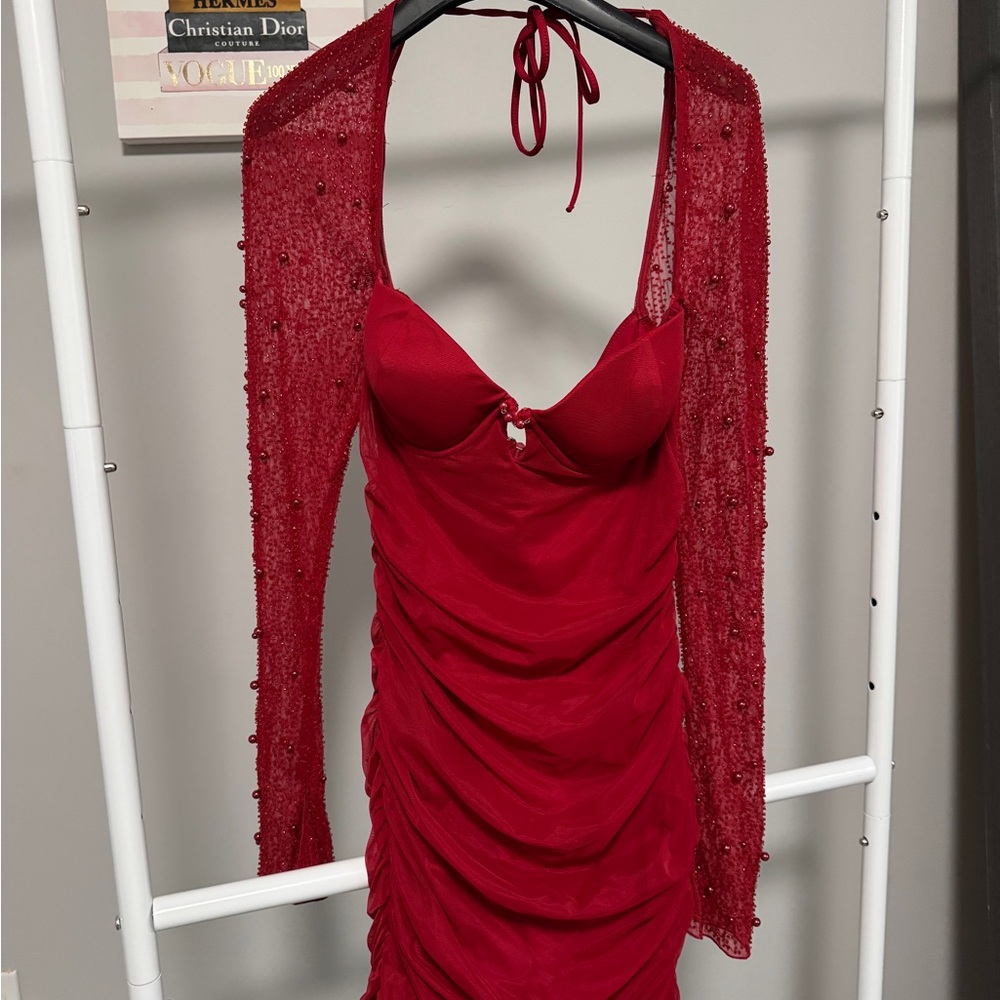 Elegant Red Dress with Sheer Overlay